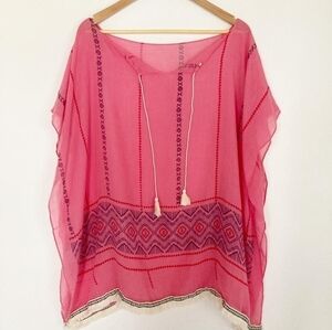 J Francis Pink Tie Tasseled Boat Neck Swim Boho Women's Cover Up One Size